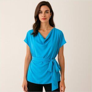 New York & Company XL Blue Cowl Neck Cap Sleeve Belted Draped Blouse Coastal NWT